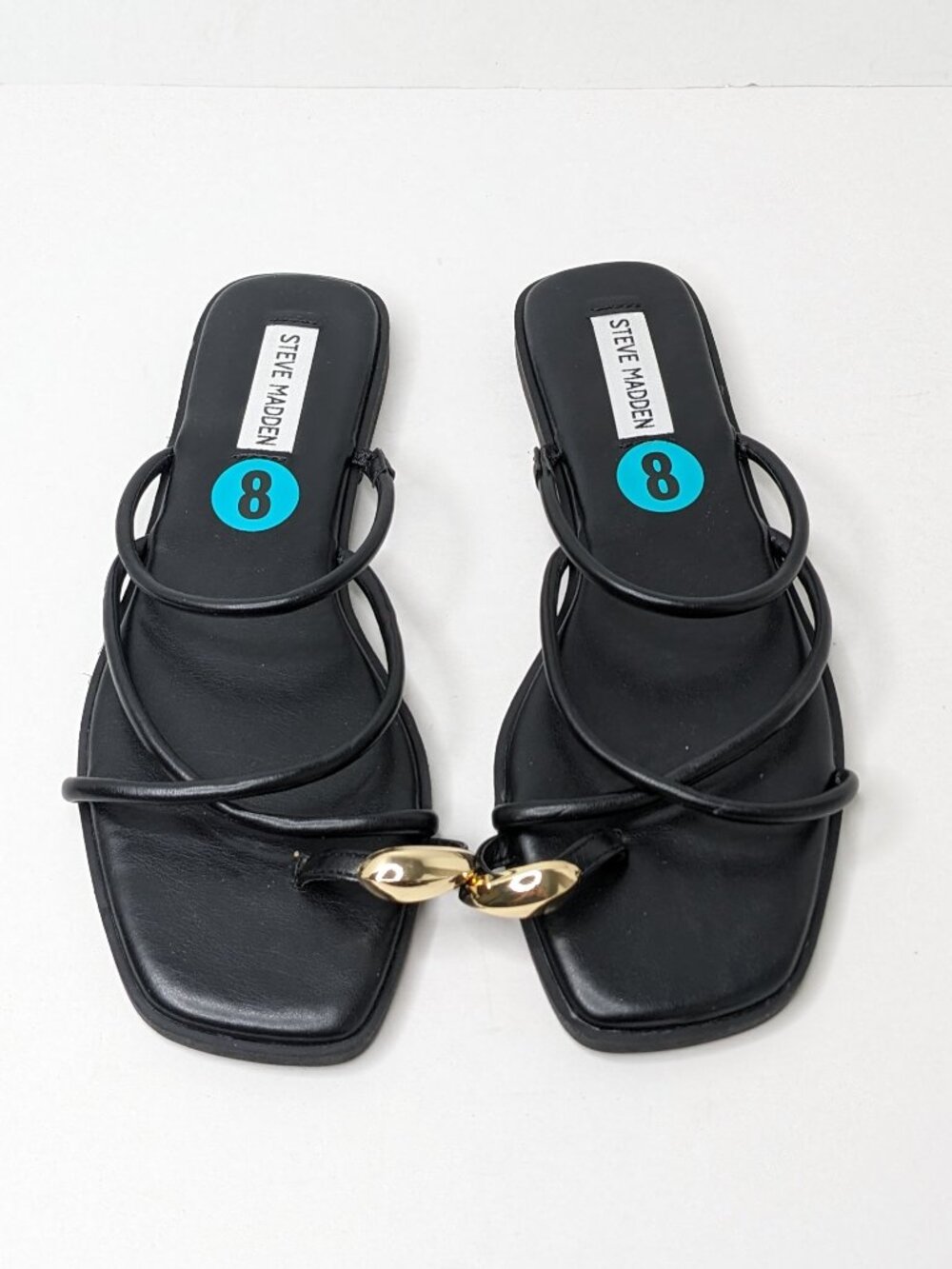 Steve Madden Black Strappy Toe-Ring Sandals with Gold Accent - Picture 3 of 6